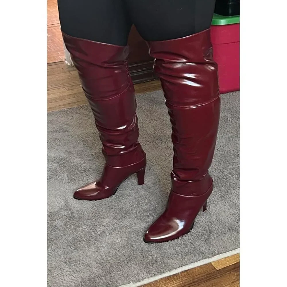 🆕Women Burgundy Synthetic Thigh High Pointed Toe Chunky Heel Over the Knee Boot